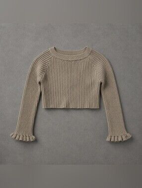 Etophe Studios Ribbed Knit Cropped Sweater Size Small Beige Taupe Ruffle Sleeve